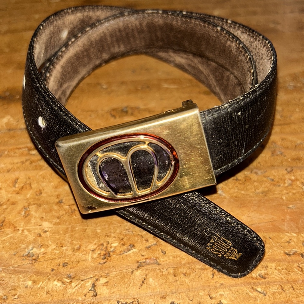 RARE VINTAGE MARK CROSS Gold buckle, thin, black leather belt AS IS